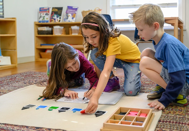 Children sorting colored shapes during a hands-on learning activity on the floor